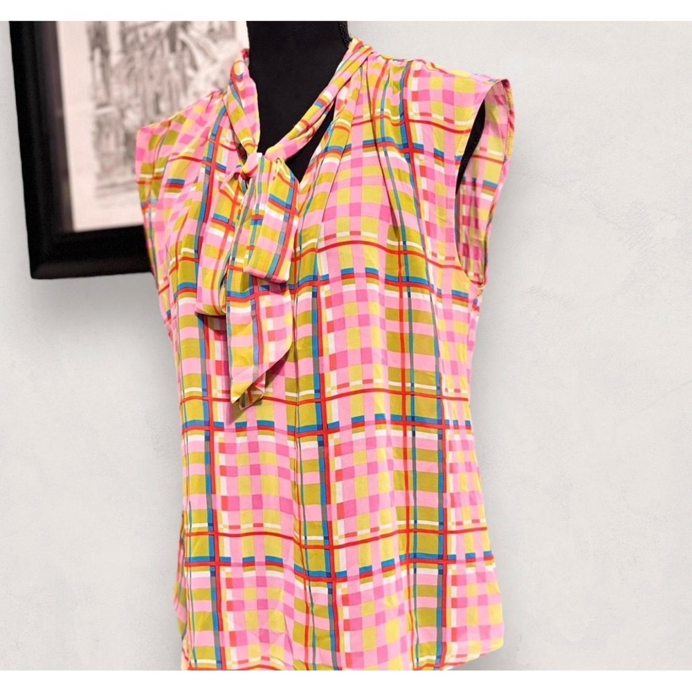 7th Avenue Design Studio XL Pink Green Plaid Tie Neck Sleeveless Blouse Top